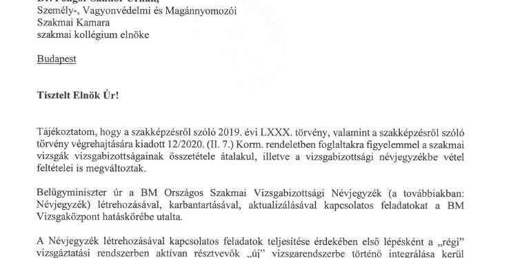 Tájékoztatás BM Országos Szakmai Vizsgabizottsági Névjegyzékbe vételről